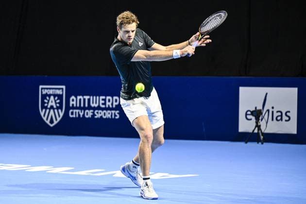 German Yannick Hanfmann pictured in action during the qualifying phase of the European Open Tennis ATP, Tennis Herren tournament, in Antwerp, Sunday 13 October 2024. TOM GOYVAERTS TomxGoyvaerts  x102430932x