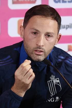 Belgium s head coach Domenico Tedesco pictured during a press conference, PK, Pressekonferenz of the Belgian national soccer team Red Devils, at the Royal Belgian Football Association s training center, in Tubize, Sunday 13 October 2024. The Red Devils are playing against France on Monday, for the UEFA Nations League 2025. BRUNOxFAHY  x102431197x