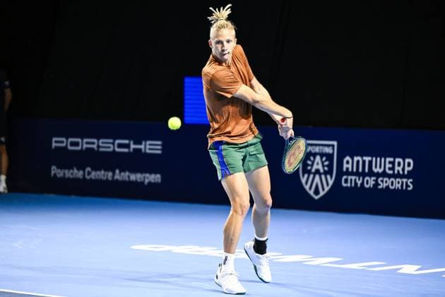 Estonian Mark Lajal pictured in action during the qualifying phase of the European Open Tennis ATP, Tennis Herren tournament, in Antwerp, Sunday 13 October 2024. TOM GOYVAERTS TomxGoyvaerts  x102431943x