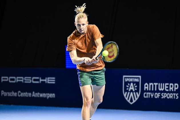 Estonian Mark Lajal pictured in action during the qualifying phase of the European Open Tennis ATP, Tennis Herren tournament, in Antwerp, Sunday 13 October 2024. TOM GOYVAERTS TomxGoyvaerts  x102431944x