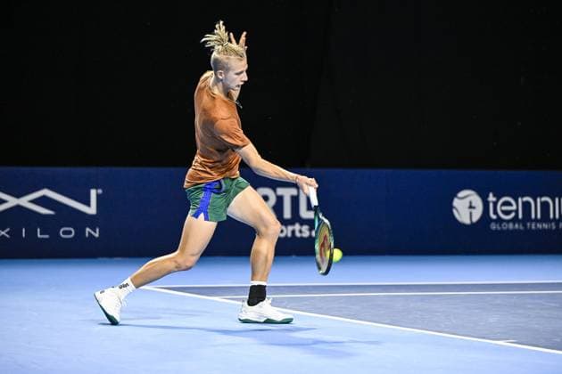 Estonian Mark Lajal pictured in action during the qualifying phase of the European Open Tennis ATP, Tennis Herren tournament, in Antwerp, Sunday 13 October 2024. TOM GOYVAERTS TomxGoyvaerts  x102432100x