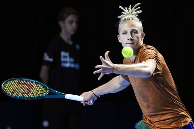 Estonian Mark Lajal pictured in action during the qualifying phase of the European Open Tennis ATP, Tennis Herren tournament, in Antwerp, Sunday 13 October 2024. TOM GOYVAERTS TomxGoyvaerts  x102433114x