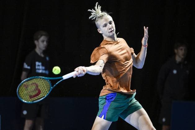 Estonian Mark Lajal pictured in action during the qualifying phase of the European Open Tennis ATP, Tennis Herren tournament, in Antwerp, Sunday 13 October 2024. TOM GOYVAERTS TomxGoyvaerts  x102433190x