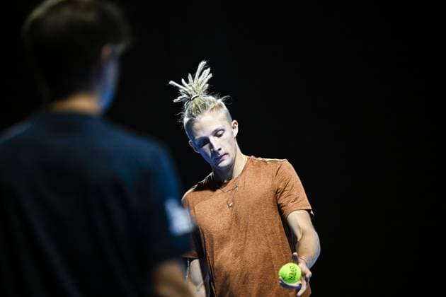 Estonian Mark Lajal pictured during the qualifying phase of the European Open Tennis ATP, Tennis Herren tournament, in Antwerp, Sunday 13 October 2024. TOM GOYVAERTS TomxGoyvaerts  x102433200x