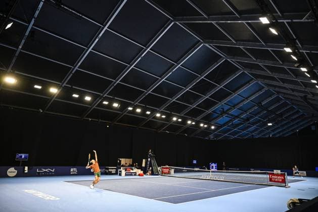 This pictured shows the tennis court at the qualifying phase of the European Open Tennis ATP, Tennis Herren tournament, in Antwerp, Sunday 13 October 2024. TOM GOYVAERTS TomxGoyvaerts  x102433206x