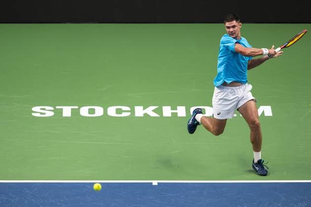 241013 Kamil Majchrzak of Poland competes in a men s singles qualifier tennis match during day 2 of the ATP 250 Nordic Open on October 13, 2024 in Stockholm Photo Maxim ThorÃ BILDBYRAN kod MT MT0678 tennis nordic open 2 bbeng atp 250  Copyright: MAXIMxTHORE BB241013MT058