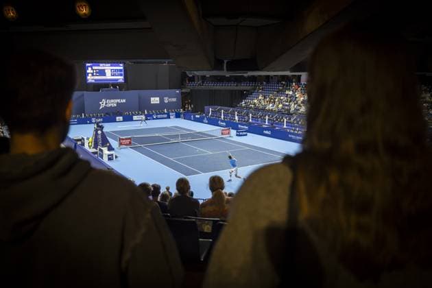 French Manuel Guinard and Belgian Michael Geerts pictured in action during the qualifying phase of the European Open Tennis ATP, Tennis Herren tournament, in Antwerp, Sunday 13 October 2024. DAVIDxPINTENS  x102433212x