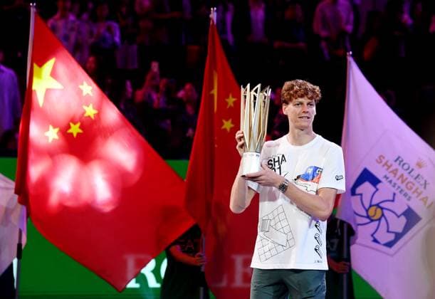 SHANGHAI, CHINA - OCTOBER 13: Champion Jannik Sinner of Italy poses with the trophy during the awarding ceremony after the Men s Singles Final match on day 14 of 2024 Shanghai Rolex Masters at Qi Zhong Tennis Centre on October 13, 2024 in Shanghai, China.  Copyright: xZhangxHaohaox 111523545234