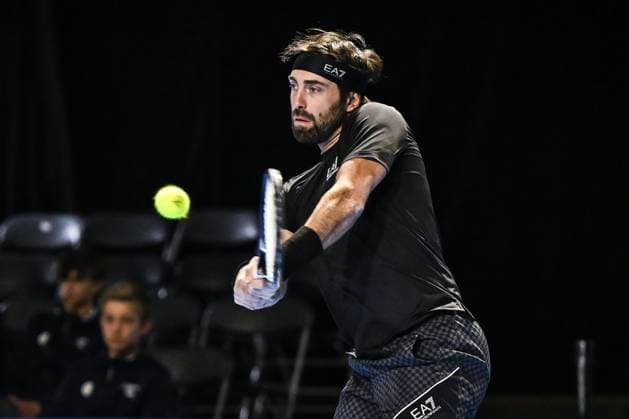 Georgian Nikoloz Basilashvili pictured in action during the qualifying phase of the European Open Tennis ATP, Tennis Herren tournament, in Antwerp, Sunday 13 October 2024. TOM GOYVAERTS TomxGoyvaerts  x102434504x