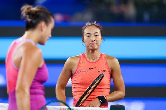 WUHAN, CHINA - OCTOBER 13: Zheng Qinwen of China reacts in the Women s Singles Final match against Aryna Sabalenka on day nine of 2024 Wuhan Open at Optics Valley International Tennis Center on October 13, 2024 in Wuhan, Hubei Province of China.  Copyright: xVCGx 111523550129