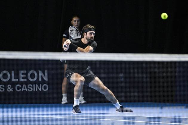 Georgian Nikoloz Basilashvili pictured in action during the qualifying phase of the European Open Tennis ATP, Tennis Herren tournament, in Antwerp, Sunday 13 October 2024. TOM GOYVAERTS TomxGoyvaerts  x102434733x