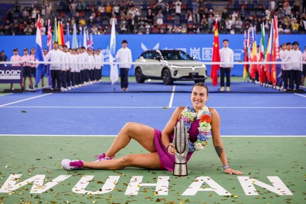 WUHAN, CHINA - OCTOBER 13: Champion Aryna Sabalenka poses with the trophy during the awarding ceremony after the Women s Singles Final match on day nine of 2024 Wuhan Open at Optics Valley International Tennis Center on October 13, 2024 in Wuhan, Hubei Province of China.  Copyright: xVCGx 111523557146