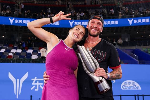 WUHAN, CHINA - OCTOBER 13: Champion Aryna Sabalenka (L) poses with the trophy during the awarding ceremony after the Women s Singles Final match on day nine of 2024 Wuhan Open at Optics Valley International Tennis Center on October 13, 2024 in Wuhan, Hubei Province of China.  Copyright: xVCGx 111523557162