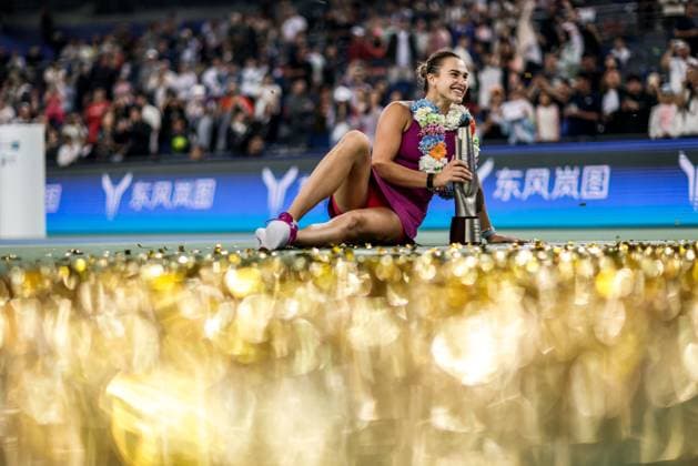WUHAN, CHINA - OCTOBER 13: Champion Aryna Sabalenka poses with the trophy during the awarding ceremony after the Women s Singles Final match on day nine of 2024 Wuhan Open at Optics Valley International Tennis Center on October 13, 2024 in Wuhan, Hubei Province of China.  Copyright: xVCGx 111523553986