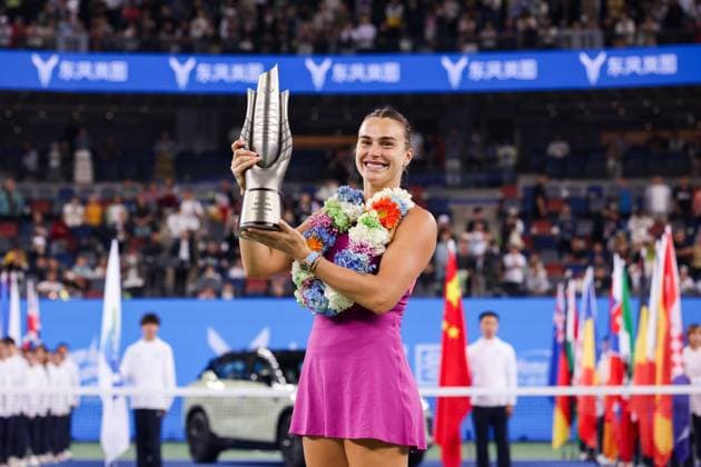 WUHAN, CHINA - OCTOBER 13: Champion Aryna Sabalenka poses with the trophy during the awarding ceremony after the Women s Singles Final match on day nine of 2024 Wuhan Open at Optics Valley International Tennis Center on October 13, 2024 in Wuhan, Hubei Province of China.  Copyright: xVCGx 111523553796