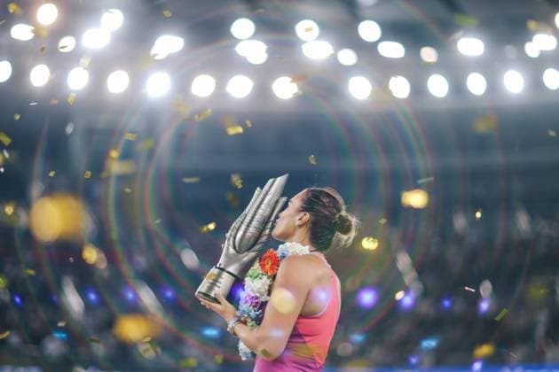 WUHAN, CHINA - OCTOBER 13: Champion Aryna Sabalenka kisses the trophy during the awarding ceremony after the Women s Singles Final match on day nine of 2024 Wuhan Open at Optics Valley International Tennis Center on October 13, 2024 in Wuhan, Hubei Province of China.  Copyright: xVCGx 111523553732