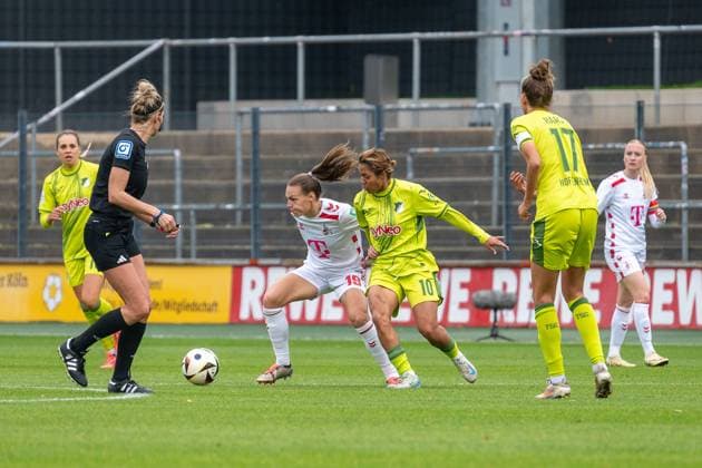 13 10 2024, Soccer Google Pixel Womens Bundesliga, Season 2024 2025, 06 Matchday, 1 FC Köln TSG Hoffenheim at Franz Kremer Stadium in Cologne duel between Dora Zeller 1 Fc Koeln, 19 and Gia Corley TSG Hoffenheim, 10 Important note In accordance with the regulations of the DFL German Football League and the DFB German Football Association, it is prohibited to utilize or have utilized photographs taken in the stadium and or of the match in the form of sequential images and or video-like photo series Foto Kirchner Media TH Copyright: xKirchner-Media THx