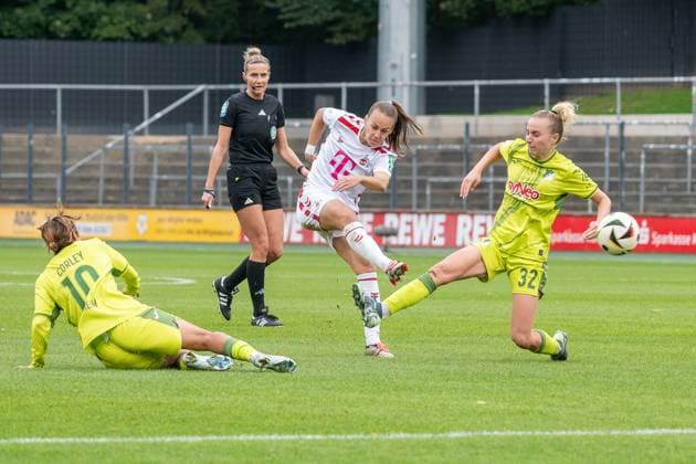 13 10 2024, Soccer Google Pixel Womens Bundesliga, Season 2024 2025, Matchday 06, 1 FC Köln TSG Hoffenheim at Franz Kremer Stadium in Cologne Gia Corley TSG Hoffenheim, 10 and Vanessa Diehm TSG Hoffenheim, 32 try to block the shot of Dora Zeller 1 Fc Koeln, 19 Important note According to the regulations of the DFL German Football League and the DFB German Football Association, it is prohibited to use or have used photographs taken in the stadium or of the match in the form of sequential images or video-like photo series Foto Kirchner Media TH Copyright: xKirchner-Media THx