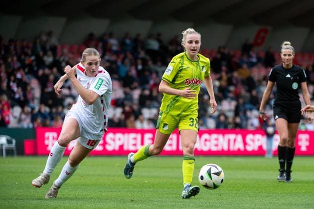 Vanessa Diehm TSG Hoffenheim, 32 in duel with Taylor Marie Ziemer FC Koeln, 18 , GER, 1 FC Koeln vs TSG 1899 Hoffenheim, Fußball Google Pixel Frauen Bundesliga, 6 Spieltag, Saison 2024 2025, 13 10 2024 DFB regulations prohibit any use of photographs as image sequences and or quasi video GER, 1 FC Koeln vs TSG 1899 Hoffenheim, Fussball Google Pixel Frauen Bundesliga, 6 Spieltag, Saison 2024 2025, 13 10 2024 Koeln Copyright: xEibner-Pressefoto Memmlerx EP_MMR