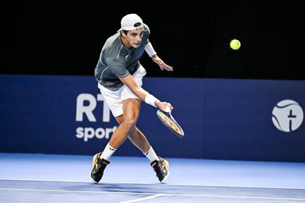Spanish Alex Marti Pujolras pictured in action during the qualifying phase of the European Open Tennis ATP, Tennis Herren tournament, in Antwerp, Sunday 13 October 2024. TOM GOYVAERTS TomxGoyvaerts  x102437029x
