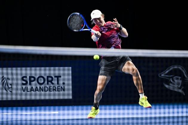 Romanian Filip Cristian Jianu pictured in action during the qualifying phase of the European Open Tennis ATP, Tennis Herren tournament, in Antwerp, Sunday 13 October 2024. TOM GOYVAERTS TomxGoyvaerts  x102437241x