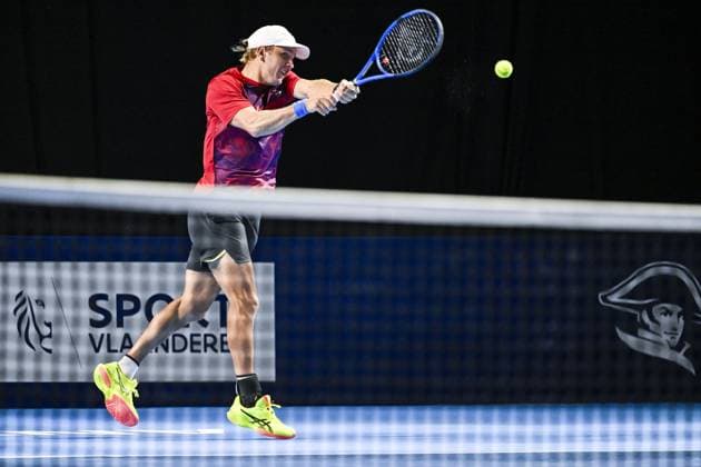 Romanian Filip Cristian Jianu pictured in action during the qualifying phase of the European Open Tennis ATP, Tennis Herren tournament, in Antwerp, Sunday 13 October 2024. TOM GOYVAERTS TomxGoyvaerts  x102437247x