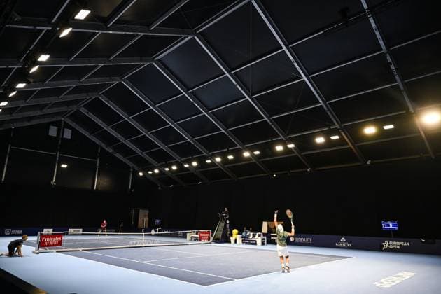 Spanish Alex Marti Pujolras pictured in action during the qualifying phase of the European Open Tennis ATP, Tennis Herren tournament, in Antwerp, Sunday 13 October 2024. TOM GOYVAERTS TomxGoyvaerts  x102437566x