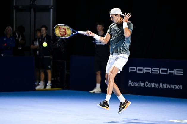 Spanish Alex Marti Pujolras pictured in action during the qualifying phase of the European Open Tennis ATP, Tennis Herren tournament, in Antwerp, Sunday 13 October 2024. TOM GOYVAERTS TomxGoyvaerts  x102438593x