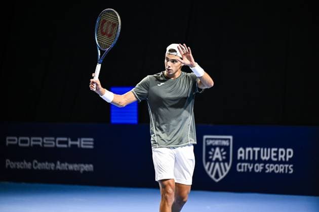 Spanish Alex Marti Pujolras reacts during the qualifying phase of the European Open Tennis ATP, Tennis Herren tournament, in Antwerp, Sunday 13 October 2024. TOM GOYVAERTS TomxGoyvaerts  x102438600x