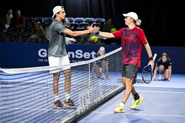 Spanish Alex Marti Pujolras and Romanian Filip Cristian Jianu pictured after the qualifying phase of the European Open Tennis ATP, Tennis Herren tournament, in Antwerp, Sunday 13 October 2024. TOM GOYVAERTS TomxGoyvaerts  x102439940x
