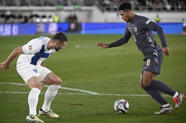 Arttu Hoskonen (L) of Finland vies with Jude Bellingham of England during the UEFA Nations League, League B - Group 2, football match between Finland and England at the Olympic Stadium in Helsinki, Finland, on October 13, 2024. Helsinki Finland LKFTJK20241013191140ITQT  Copyright: xAnttixAimo-Koivistox LKFTJK20241013191140ITQT