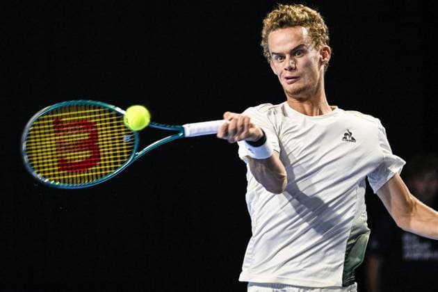 French Luca Van Assche pictured in action during the qualifying phase of the European Open Tennis ATP, Tennis Herren tournament, in Antwerp, Sunday 13 October 2024. TOM GOYVAERTS TomxGoyvaerts  x102440933x