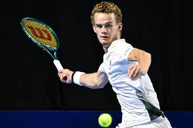 French Luca Van Assche pictured in action during the qualifying phase of the European Open Tennis ATP, Tennis Herren tournament, in Antwerp, Sunday 13 October 2024. TOM GOYVAERTS TomxGoyvaerts  x102441123x