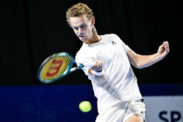 French Luca Van Assche pictured in action during the qualifying phase of the European Open Tennis ATP, Tennis Herren tournament, in Antwerp, Sunday 13 October 2024. TOM GOYVAERTS TomxGoyvaerts  x102441125x