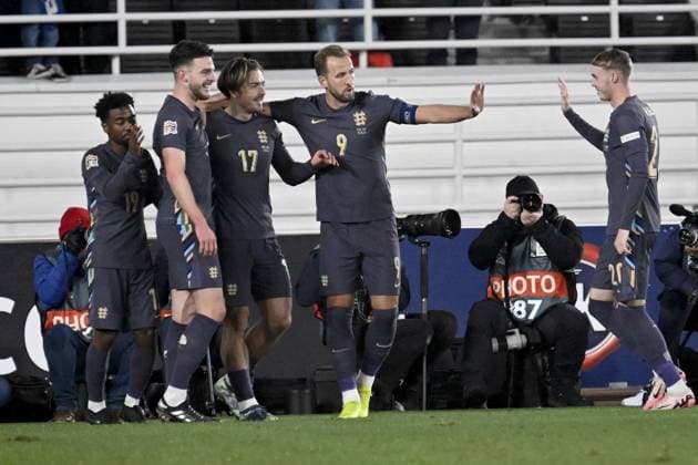 Angel Gomes (L), Declan Rice, Jack Grealish, Harry Kane and Cole Palmer of England celebrate the opening goal during the UEFA Nations League, League B - Group 2, football match between Finland and England at the Olympic Stadium in Helsinki, Finland, on October 13, 2024. Helsinki Finland LKFTJK20241013192556SDMI  Copyright: xMarkkuxUlanderx LKFTJK20241013192556SDMI