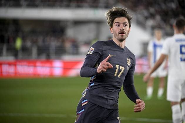Jack Grealish of England celebrates after scoring the opening goal during the UEFA Nations League, League B - Group 2, football match between Finland and England at the Olympic Stadium in Helsinki, Finland, on October 13, 2024. Helsinki Finland LKFTJK20241013191908IUSW  Copyright: xAnttixAimo-Koivistox LKFTJK20241013191908IUSW