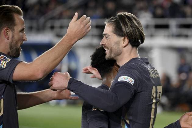 Jack Grealish (R) of England celebrates with Harry Kane (L) after scoring the opening goal during the UEFA Nations League, League B - Group 2, football match between Finland and England at the Olympic Stadium in Helsinki, Finland, on October 13, 2024. Helsinki Finland LKFTJK20241013192020ACXE  Copyright: xAnttixAimo-Koivistox LKFTJK20241013192020ACXE