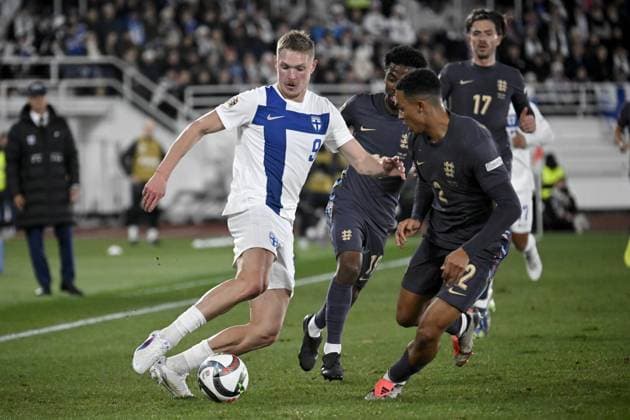 Fredrik Jensen (L) of Finland vies with Trent Alexander-Arnold of England during the UEFA Nations League, League B - Group 2, football match between Finland and England at the Olympic Stadium in Helsinki, Finland, on October 13, 2024. Helsinki Finland LKFTJK20241013193027EQNM  Copyright: xMarkkuxUlanderx LKFTJK20241013193027EQNM