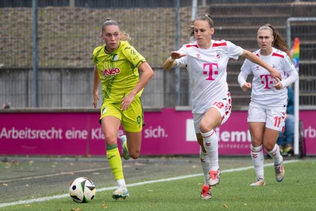 Köln, Germany, October 13th 2024 Jill Janssens (9 Hoffenheim) and Dora Zeller (19 Koeln) in action during the Google Pixel Frauen-Bundesliga between 1. FC Köln and TSG Hoffenheim at Franz-Kremer-Stadion in Köln, Germany. Qianru Zhang (Qianru Zhang SPP) Copyright: xQianruxZhang SPPx spp-en-QiZh-DSC_5714-Enhanced-NR