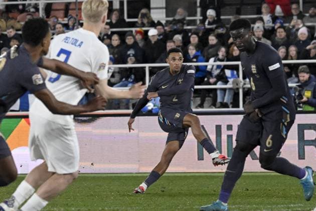 Trent Alexander-Arnold (2R) of England shoots to score the team s second goal during the UEFA Nations League, League B - Group 2, football match between Finland and England at the Olympic Stadium in Helsinki, Finland, on October 13, 2024. Helsinki Finland LKFTJK20241013203821ARQJ  Copyright: xMarkkuxUlanderx LKFTJK20241013203821ARQJ