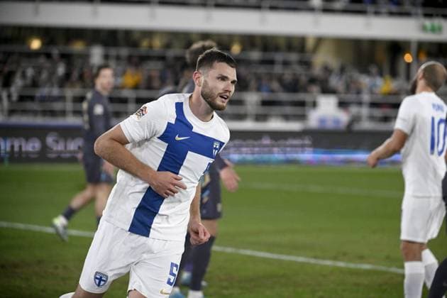 Arttu Hoskonen of Finland celebrates his goal during the UEFA Nations League, League B - Group 2, football match between Finland and England at the Olympic Stadium in Helsinki, Finland, on October 13, 2024. Helsinki Finland LKFTJK20241013204618FNVC  Copyright: xAnttixAimo-Koivistox LKFTJK20241013204618FNVC