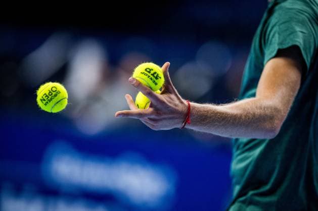 Estonian Mark Lajal pictured in action during a tennis match in the qualification phase for the ATP, Tennis Herren European Open Tennis tournament in Antwerp, Monday 14 October 2024. JASPERxJACOBS  x102481408x