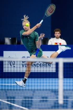 Estonian Mark Lajal pictured in action during a tennis match in the qualification phase for the ATP, Tennis Herren European Open Tennis tournament in Antwerp, Monday 14 October 2024. JASPERxJACOBS  x102481409x