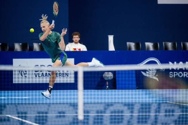 Estonian Mark Lajal pictured in action during a tennis match in the qualification phase for the ATP, Tennis Herren European Open Tennis tournament in Antwerp, Monday 14 October 2024. JASPERxJACOBS  x102481422x