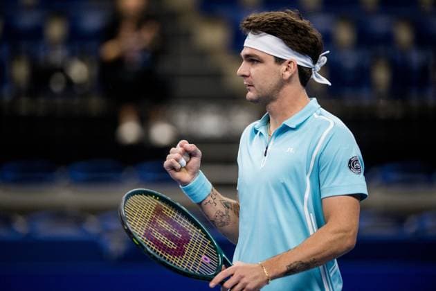 Brazilian Thiago Seyboth Wild pictured in action during a tennis match in the qualification phase for the ATP, Tennis Herren European Open Tennis tournament in Antwerp, Monday 14 October 2024. JASPERxJACOBS  x102481441x