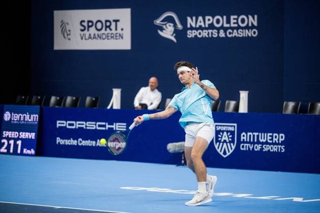 Brazilian Thiago Seyboth Wild pictured in action during a tennis match in the qualification phase for the ATP, Tennis Herren European Open Tennis tournament in Antwerp, Monday 14 October 2024. JASPERxJACOBS  x102481444x