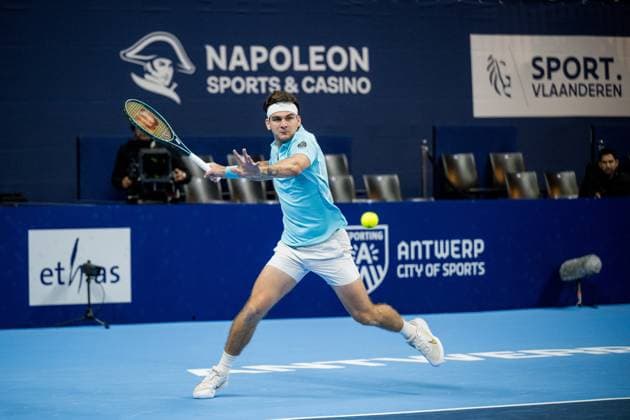 Brazilian Thiago Seyboth Wild pictured in action during a tennis match in the qualification phase for the ATP, Tennis Herren European Open Tennis tournament in Antwerp, Monday 14 October 2024. JASPERxJACOBS  x102481460x