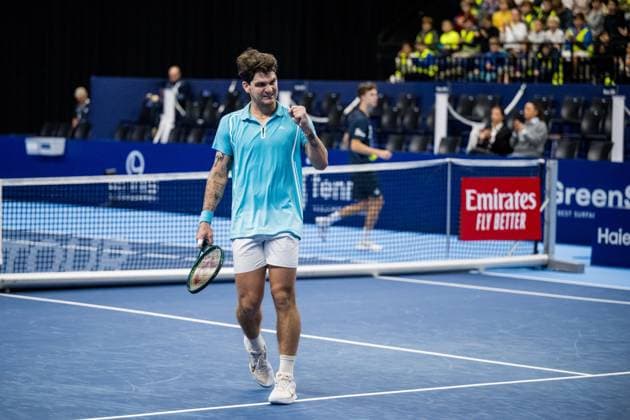 Brazilian Thiago Seyboth Wild celebrate after winning a tennis match in the qualification phase for the ATP, Tennis Herren European Open Tennis tournament in Antwerp, Monday 14 October 2024. JASPERxJACOBS  x102482959x
