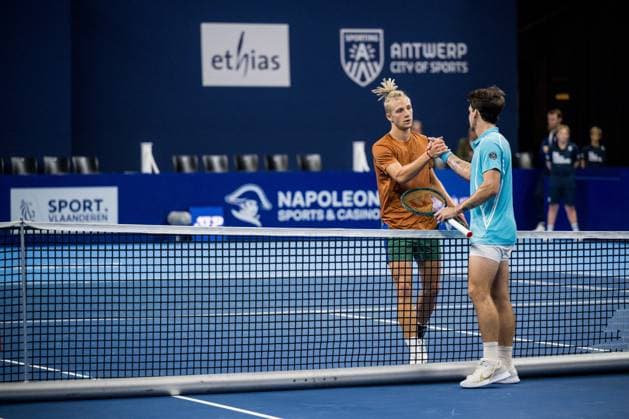 Estonian Mark Lajal and Brazilian Thiago Seyboth Wild pictured after a tennis match in the qualification phase for the ATP, Tennis Herren European Open Tennis tournament in Antwerp, Monday 14 October 2024. JASPERxJACOBS  x102482976x