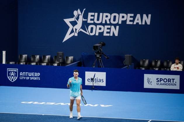 Brazilian Thiago Seyboth Wild celebrates after winning a tennis match in the qualification phase for the ATP, Tennis Herren European Open Tennis tournament in Antwerp, Monday 14 October 2024. JASPERxJACOBS  x102483012x